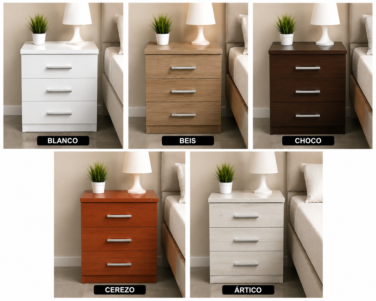 Mesita de Noche de 3 Cajones – Disponible en Varios Colores